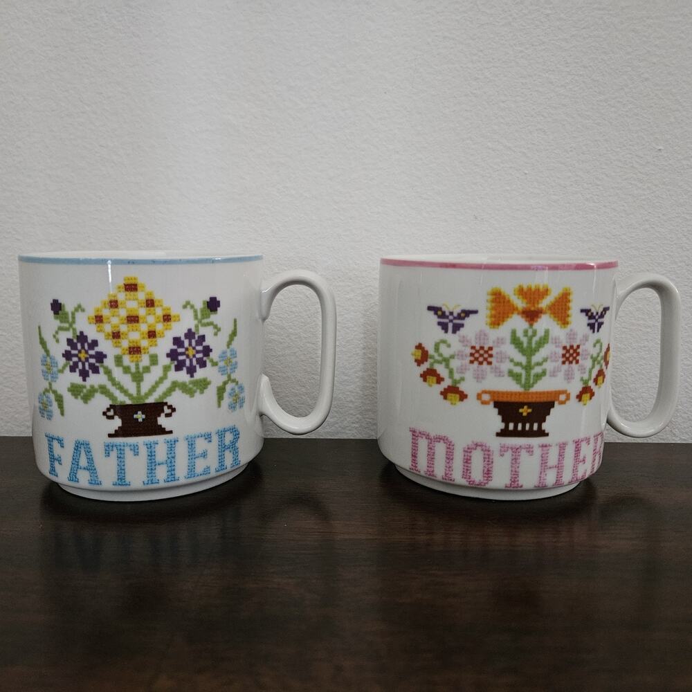 Vtg Father Mother Cross Stitch Coffee Mugs Lot Of 2 Cottagecore Tea Floral